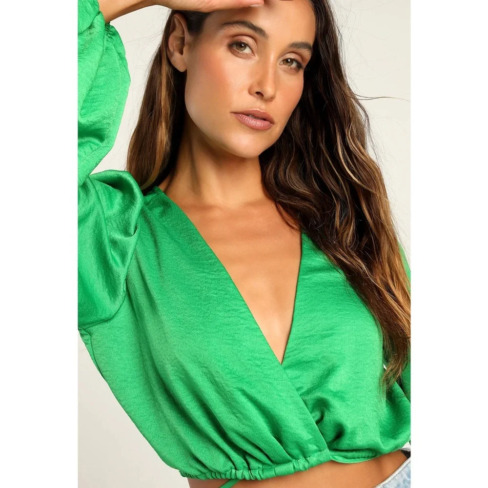 Lulus green satin long sleeve wrap crop top blouse with v neck - Picture 3 of 6